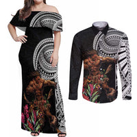 Samoan Warrior Art Tattoo Couples Matching Off Shoulder Maxi Dress and Long Sleeve Button Shirt Polynesian Pattern and Teuila LT03 Black - Polynesian Pride