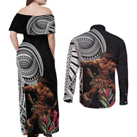 Samoan Warrior Art Tattoo Couples Matching Off Shoulder Maxi Dress and Long Sleeve Button Shirt Polynesian Pattern and Teuila LT03 - Polynesian Pride