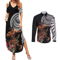 Samoan Warrior Art Tattoo Couples Matching Summer Maxi Dress and Long Sleeve Button Shirt Polynesian Pattern and Teuila LT03 Black - Polynesian Pride