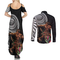 Samoan Warrior Art Tattoo Couples Matching Summer Maxi Dress and Long Sleeve Button Shirt Polynesian Pattern and Teuila LT03 - Polynesian Pride