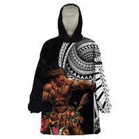 Samoan Warrior Art Tattoo Wearable Blanket Hoodie Polynesian Pattern and Teuila LT03 One Size Black - Polynesian Pride