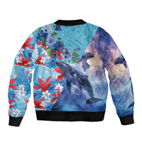 Hawaii Aloha Whales Bomber Jacket Hibiscus and Whales with Polynesian Pattern - Polynesian Pride