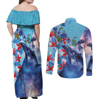 Hawaii Aloha Whales Couples Matching Off Shoulder Maxi Dress and Long Sleeve Button Shirt Hibiscus and Whales with Polynesian Pattern LT03 - Polynesian Pride