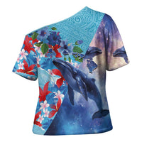 Hawaii Aloha Whales Cross Shoulder Shirt Hibiscus and Whales with Polynesian Pattern - Polynesian Pride