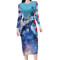 Hawaii Aloha Whales Family Matching Long Sleeve Bodycon Dress and Hawaiian Shirt Hibiscus and Whales with Polynesian Pattern - Polynesian Pride