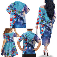 Hawaii Aloha Whales Family Matching Off The Shoulder Long Sleeve Dress and Hawaiian Shirt Hibiscus and Whales with Polynesian Pattern - Polynesian Pride