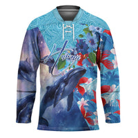 Hawaii Aloha Whales Hockey Jersey Hibiscus and Whales with Polynesian Pattern LT03 Unisex Blue - Polynesian Pride