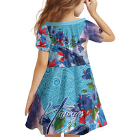 Hawaii Aloha Whales Kid Short Sleeve Dress Hibiscus and Whales with Polynesian Pattern - Polynesian Pride