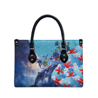 Hawaii Aloha Whales Leather Bag Hibiscus and Whales with Polynesian Pattern - Polynesian Pride