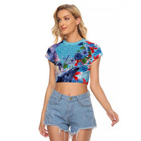 Hawaii Aloha Whales Raglan Cropped T Shirt Hibiscus and Whales with Polynesian Pattern LT03 Female Blue - Polynesian Pride