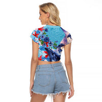 Hawaii Aloha Whales Raglan Cropped T Shirt Hibiscus and Whales with Polynesian Pattern LT03 - Polynesian Pride