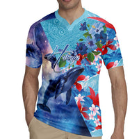 Hawaii Aloha Whales Rugby Jersey Hibiscus and Whales with Polynesian Pattern - Polynesian Pride