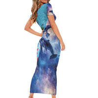 Hawaii Aloha Whales Short Sleeve Bodycon Dress Hibiscus and Whales with Polynesian Pattern - Polynesian Pride