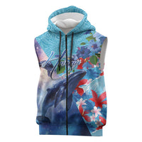Hawaii Aloha Whales Sleeveless Zip Hoodie Hibiscus and Whales with Polynesian Pattern LT03 Blue - Polynesian Pride