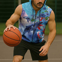 Hawaii Aloha Whales Sleeveless Zip Hoodie Hibiscus and Whales with Polynesian Pattern LT03 - Polynesian Pride