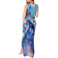Hawaii Aloha Whales Tank Maxi Dress Hibiscus and Whales with Polynesian Pattern - Polynesian Pride