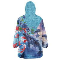 Hawaii Aloha Whales Wearable Blanket Hoodie Hibiscus and Whales with Polynesian Pattern LT03 - Polynesian Pride