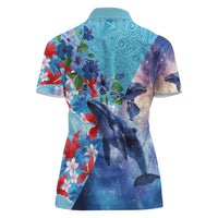 Hawaii Aloha Whales Women Polo Shirt Hibiscus and Whales with Polynesian Pattern - Polynesian Pride