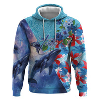 Hawaii Aloha Whales Zip Hoodie Hibiscus and Whales with Polynesian Pattern - Polynesian Pride