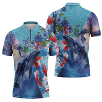 Hawaii Aloha Whales Zipper Polo Shirt Hibiscus and Whales with Polynesian Pattern - Polynesian Pride