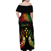 Personalised Kosrae Liberation Day Off Shoulder Maxi Dress Polynesian Tattoo and Plumeria Reggae Color