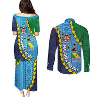 Malampa Fiji Day Couples Matching Puletasi and Long Sleeve Button Shirt National Symbols with Tapa Tribal and Polynesian Tattoo