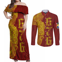 Tonga 676 Ngatu Tribal Tattoo Couples Matching Off Shoulder Maxi Dress and Long Sleeve Button Shirt LT03 Red - Polynesian Pride