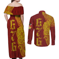 Tonga 676 Ngatu Tribal Tattoo Couples Matching Off Shoulder Maxi Dress and Long Sleeve Button Shirt LT03 - Polynesian Pride