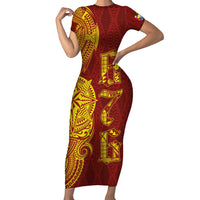 Tonga 676 Ngatu Tribal Tattoo Short Sleeve Bodycon Dress LT03 Long Dress Red - Polynesian Pride