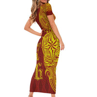 Tonga 676 Ngatu Tribal Tattoo Short Sleeve Bodycon Dress LT03 - Polynesian Pride