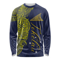 Personalised Tokelau Classic Ngatu Motifs Long Sleeve Shirt LT03 Unisex Blue - Polynesian Pride