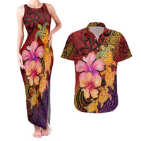 Hawaiian Hibiscus Turtle Tribal Polynesian Pattern Couples Matching Tank Maxi Dress and Hawaiian Shirt Colorful Color
