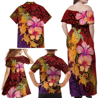 Hawaiian Hibiscus Turtle Tribal Polynesian Pattern Family Matching Off Shoulder Maxi Dress and Hawaiian Shirt Colorful Color