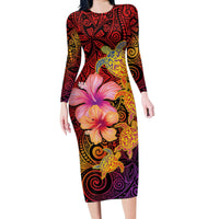 Hawaiian Hibiscus Turtle Tribal Polynesian Pattern Long Sleeve Bodycon Dress Colorful Color