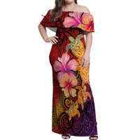 Hawaiian Hibiscus Turtle Tribal Polynesian Pattern Off Shoulder Maxi Dress Colorful Color