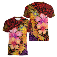Hawaiian Hibiscus Turtle Tribal Polynesian Pattern Women V-Neck T-Shirt Colorful Color
