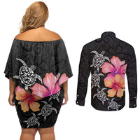 Hawaiian Hibiscus Turtle Tribal Polynesian Pattern Couples Matching Off Shoulder Short Dress and Long Sleeve Button Shirt Black Color