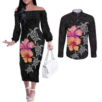 Hawaiian Hibiscus Turtle Tribal Polynesian Pattern Couples Matching Off The Shoulder Long Sleeve Dress and Long Sleeve Button Shirt Black Color