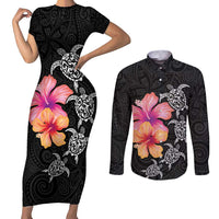 Hawaiian Hibiscus Turtle Tribal Polynesian Pattern Couples Matching Short Sleeve Bodycon Dress and Long Sleeve Button Shirt Black Color