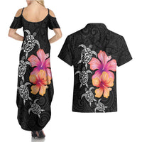 Hawaiian Hibiscus Turtle Tribal Polynesian Pattern Couples Matching Summer Maxi Dress and Hawaiian Shirt Black Color