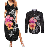 Hawaiian Hibiscus Turtle Tribal Polynesian Pattern Couples Matching Summer Maxi Dress and Long Sleeve Button Shirt Black Color