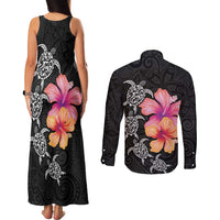 Hawaiian Hibiscus Turtle Tribal Polynesian Pattern Couples Matching Tank Maxi Dress and Long Sleeve Button Shirt Black Color