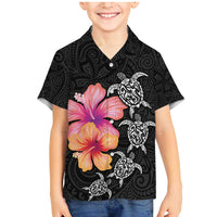Hawaiian Hibiscus Turtle Tribal Polynesian Pattern Family Matching Mermaid Dress and Hawaiian Shirt Black Color