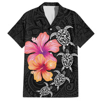 Hawaiian Hibiscus Turtle Tribal Polynesian Pattern Family Matching Off The Shoulder Long Sleeve Dress and Hawaiian Shirt Black Color LT03 Dad's Shirt - Short Sleeve Black - Polynesian Pride