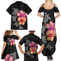 Hawaiian Hibiscus Turtle Tribal Polynesian Pattern Family Matching Summer Maxi Dress and Hawaiian Shirt Black Color