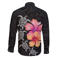Hawaiian Hibiscus Turtle Tribal Polynesian Pattern Family Matching Tank Maxi Dress and Hawaiian Shirt Black Color