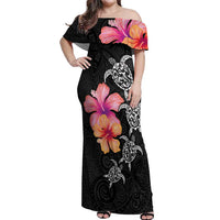 Hawaiian Hibiscus Turtle Tribal Polynesian Pattern Off Shoulder Maxi Dress Black Color