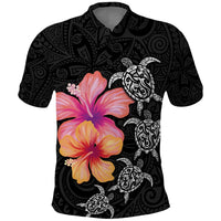 Hawaiian Hibiscus Turtle Tribal Polynesian Pattern Polo Shirt Black Color