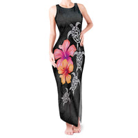 Hawaiian Hibiscus Turtle Tribal Polynesian Pattern Tank Maxi Dress Black Color