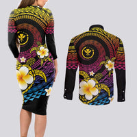 Hawaiian Plumeria Turtle Tribal Spiral Polynesian Tattoo Couples Matching Long Sleeve Bodycon Dress and Long Sleeve Button Shirt Fanciful Color